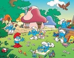 the smurfs are painting in front of their house and an owl is flying over them