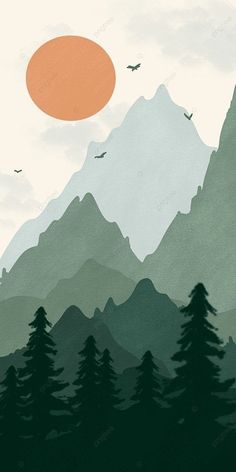 an image of mountains with trees and birds flying in the sky at sunset or sunrise