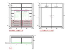 three drawings showing the interior and exterior elevations