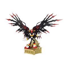 a figurine is shown on a white background with red and black wings flying above it