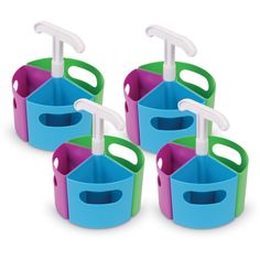 four toothbrush holders in different colors on a white background