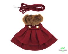 a red dog dress and leash with fur on the collar, in front of a white background