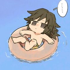 an anime character is floating in the water on a rubber ring with a thought bubble above his head