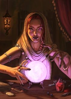 a woman holding a crystal ball in her hands while sitting at a table with other items on it