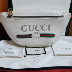 Brand New Gucci Belt Bag.95cm Adjustable Strap Comes With Tags And Dust Cover No Box White Designer Gucci Bags, Designer Gucci Bag With Logo, Designer White Gucci Shoulder Bag, Gucci White Bag With Removable Pouch, White Gucci Bag With Removable Pouch, Gucci Bag With Silver-tone Hardware For Everyday Use, Gucci Soho Disco Bag, Gucci Travel Bags With Silver-tone Hardware, Gucci Ghost