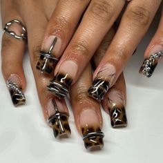 leopard print & chrome 🐆⛓️‍💥 #nailart #londonnailtech #londonnails #gelxlondon #westlondonnails Leather Nails Design, Nails With An A, Fall Baddie Nails Short, Square Gel Nails Fall, Flannel Nail Art, Biab Nail Art, Mix And Match Nails, Biab Nail, Square Gel Nails