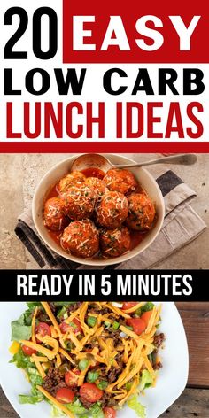 text reads, "20 easy low carb lunch ideas ready in 5 minutes), collage of low carb lunches. Low Carb Lunches For School, Simple Low Carb Meal Prep, Easy Low Carb Lunch Meal Prep, Easy Low Carb High Protein Lunches, Cheap Low Carb Lunches For Work, Easy Lunch Ideas Keto