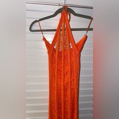 Orange Crochet Dress, Never Worn Stretch Orange Maxi Dress For Party, Orange Stretch Midi Dress For Beach, Orange Halter Neck Midi Dress For Party, Summer Maxi Dress For Party, Orange Crochet Dress, Orange Crochet, Crochet Dress, Color Orange, Colorful Dresses