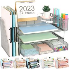 the desk organizer is organized and ready to be used as a calendar, file folders, pens, pencils and markers