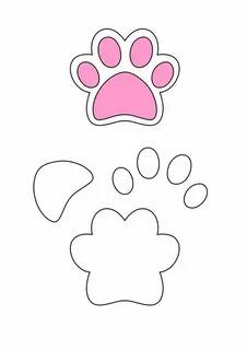 a pink paw printable on a white background with dotted lines and dots around it