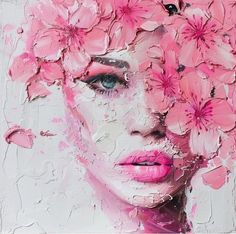 a painting of a woman with pink flowers in her hair