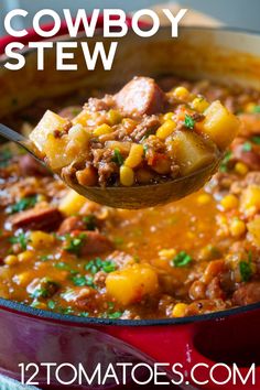 a spoon full of chili and potatoes with the words cowboy stew above it on top