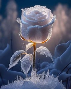 a white rose with frost on it's petals in the night sky and fog