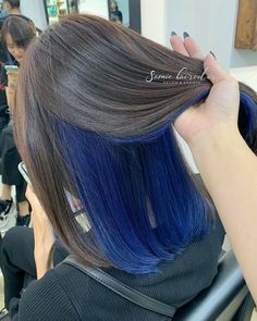 Dark Blue Hair Underneath Brown, Denim Blue Peekaboo Hair, Light Brown Hair With Blue Underneath, Blue And Light Brown Hair, Hidden Light Hair, Blue Hair On Brown Hair, Hidden Hair Color Ideas, Blue Underneath Hair, Brown Blue Hair