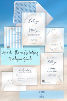 This editable wedding invitation suite captures the romance and ease of coastal luxury in every detail, with colors of soft blue and warm beige, and perfectly sets the tone for your day. Each piece has been thoughtfully designed to provide a cohesive, enchanting, and breezy look from the stunning retro styled blue Envelope Liner offering a delightful surprise upon opening, to the Belly Band wrapping everything together in an elegant bundle. 
This beautiful wedding stationery is editable in Canva and can be easily customized with your event details and sent out to your guests. Artwork can be added/resized/deleted; text color, font, & text size can be changed; background color can be changed. Coastal Luxury, Beach Themed Wedding, Beach Theme Wedding Invitations, Blue Envelope, Invitations Diy, Wedding Invitation Envelopes, Envelope Liner, Warm Beige, Beach Wedding Invitations