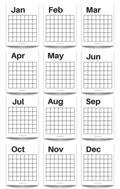 twelve months of the year printable calendars with blank space for each month in black and white