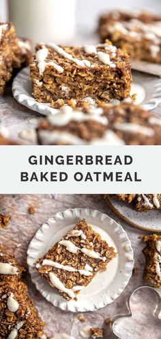 gingerbread baked oatmeal with white frosting on top and in the background