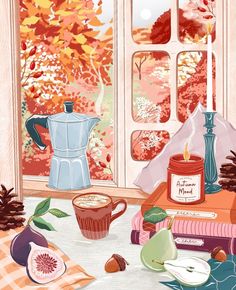 a painting of coffee and fruit on a table next to a window with autumn leaves