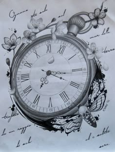 a drawing of a pocket watch with flowers and butterflies on the clock face is shown in black and white