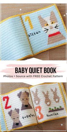 the baby quilt book is open and has pictures of cats, dogs, and letters on it