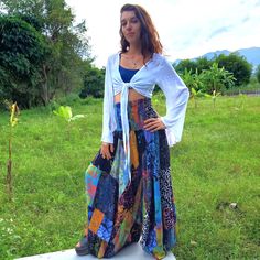 "Long and extra big Palazzo Bell Bottoms made of 100% Rayon Patchwork fabric. High waisted design that is super stretchy, one size fits all. Each pair unique. Fits 22-40\" waist Women's size 2-18 Men's size 28-36 Handmade one of kind. Will be similar to photos. Every pant a unique work of patchwork art. HAND WASH ONLY. NO RETURNS. YOU WILL NEED TO MEND IF YOU WASH IN MACHINE." Rayon Pants, Patchwork Fabric, Mode Boho, Boho Stil, Bell Bottoms, One Size Fits All, Hippie Boho, Boho Fashion, Womens Sizes