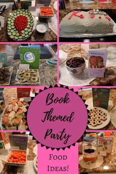 a collage of photos with food and desserts on it, including cake, cookies, candy bar, book themed party