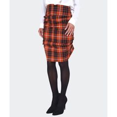 This Is A Gorgeous Vivienne Westwood Anglomania Tartan Wool Above The Knee Orange And Black Plaid Skirt Featuring Ruched Details At Back, Pint Tuck Back Hem, And Concealed Back Zip Closure. Designer: Vivienne Westwood (Anglomania) Size: It 40, Us 4 Measurements: Front Length: 26.25", Back Length: 16.25", Waist: 26", Hips: 31" Material: 100% Virgin Wool Color: Orange & Black Item Condition: Pre-Owned: Excellent. Exterior: Excellent. Some Of The Pleats In Back Hem Are Slightly Loose And Very Little Signs Of Wear On Wool. (See Photos) Interior: Excellent. A Few Loose Threads On Interior. Note: Model Typically Wears Size 2/4. Material Doesn't Have Alot Of Stretch. Adore The Couture Would Like Vivienne Westwood Skirt Tartan, Orange Fitted Mini Skirt, Fitted Orange Pleated Skirt, Fitted Orange Mini Skirt, Orange Workwear Skirt With Lining, Orange Lined Skirt For Workwear, Elegant Orange Skirt For Work, Fitted Orange Skirt, Chic Orange Knee-length Skirt