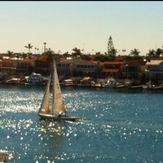 a sailboat is in the water near some houses and boats on the water with palm trees behind it