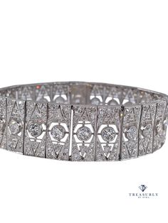 Impressive Antique French Art Deco 17.05ct Old European DIAMOND Platinum Line BRACELET, 1920s Magnifique! This singular and sensational Art Deco dazzler, by way of 1920s France, is loaded with a sparkling array of 24 bright-white and sparkling European-cut diamonds, together weighing approx. 6.48 carats (.27 ct. average). The 24 scintillating bezel-set stones effectively "float" within a central section and accented with gleaming mixed of small white old euro and mind diamonds, bringing to the t Formal Art Deco Diamond Tennis Bracelet, Art Deco Round Diamond Bracelet Brilliant Cut, Art Deco Brilliant Cut Diamond Bracelet For Anniversary, Art Deco Formal Tennis Bracelet With Brilliant Cut, Formal Art Deco Tennis Bracelet With Brilliant Cut, Formal Art Deco Brilliant Cut Tennis Bracelet, Art Deco Diamond Bracelets For Anniversary, Art Deco White Gold Diamond Bracelet, Art Deco Diamond Bracelet With Accents