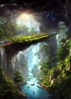 an artistic painting of a river surrounded by trees and waterfalls with a train on it