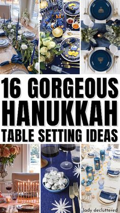 a collage of blue and white tables with candles, plates and flowers on them