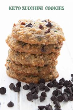 chocolate chip cookies stacked on top of each other with text overlay that reads keto zucchini cookies