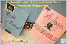 two bulletin boards with pictures on them and the words student - created informational text structure magazines