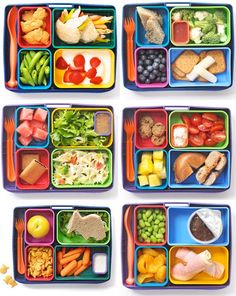 six plastic containers filled with different types of food and vegetables on top of each other