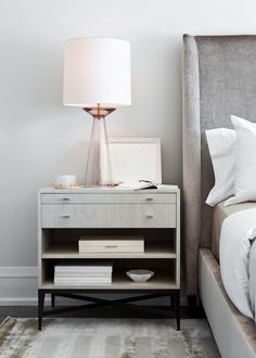 a bedroom with a bed, night stand and lamp on the nightstand next to it