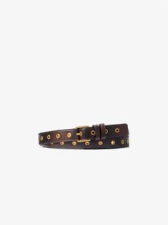 A statement finish to any look, this belt is designed in antiqued leather with gold-tone grommets and an elongated tip for added interest. Try it with your favorite tee and jeans. Designer Leather Belt With Brass Hardware, Gold Leather Belt For Fall, Colby, Try It, Leather Belt, Gold Tones, Michael Kors, Mens Accessories, Buckle