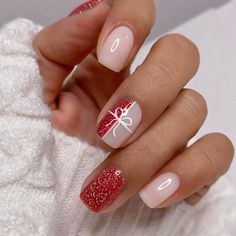 Christmas nails, holiday nails, glitter, accent nails, presents, short red nails, squoval nails, press on nails, fake nails, buy now Short Square Nails Design Ideas Christmas, Nude Color Christmas Nails, Christmas Nails Toenails, Short Xmas Nails Red, Simple Gel Nail Designs Short Christmas, Simple Nude Christmas Nails, Nude And Red Christmas Nails, Red Christmas Nails Short Square, Holiday Nails Square Short