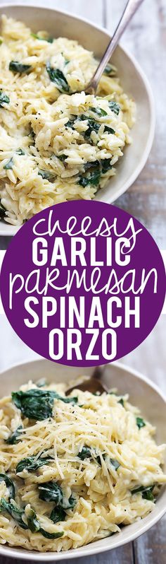 two white plates filled with pasta and spinach on top of a wooden table next to a purple sign that says creamy garlic parmesan spinach orzo