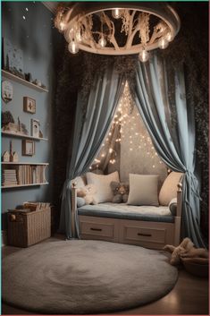 a room with a couch, bed and lights on the ceiling in it's corner