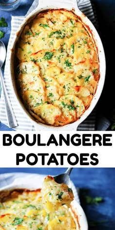 two pictures with different types of food in them and the words boulangere potatoes