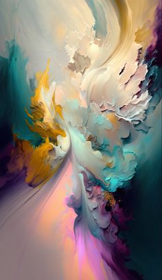 an abstract painting with white, yellow and blue colors