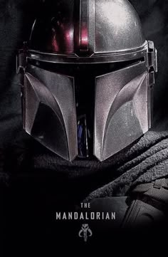 the poster for the star wars movie has a helmet on it's head and is in front of a black background