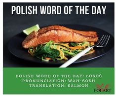 the cover of polish word of the day, which includes salmon and vegetables on a black plate