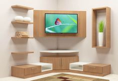 a living room with shelves and a flat screen tv mounted on it's wall