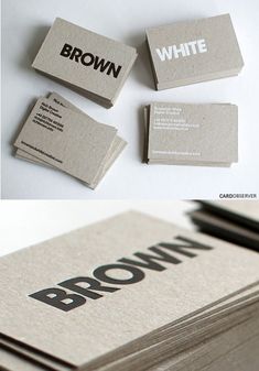 some business cards are stacked on top of each other with the words brown printed on them