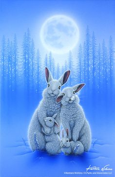 two rabbits sitting next to each other in front of a full moon with trees and snow