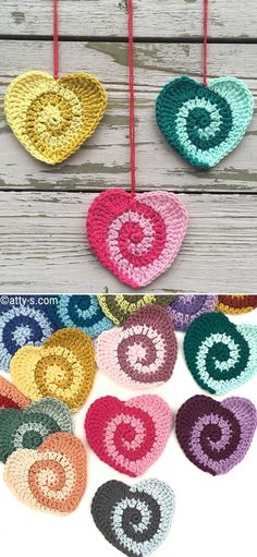 crocheted heart ornaments hanging from strings