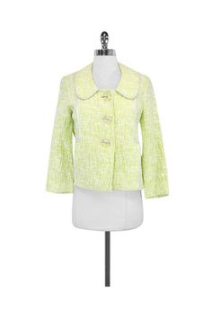 Current Boutique-Cynthia Steffe - Lime Textured Cotton Jacket w/ Silver Trim Sz M Green Spring Outerwear With Buttons, Green Spring Blazer With Buttons, Green Blazer With Buttons For Spring, Green Outerwear With Snap Buttons For Spring, Green Spring Outerwear With Snap Buttons, Spring Green Blazer With Buttons, Green Fall Outerwear With Covered Buttons, Green Button-up Outerwear For Spring, Spring Casual Blazer With Covered Buttons