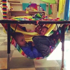 two children are sitting in a hammock