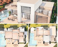 three views of an aerial view of a house with pool and hot tub in the middle